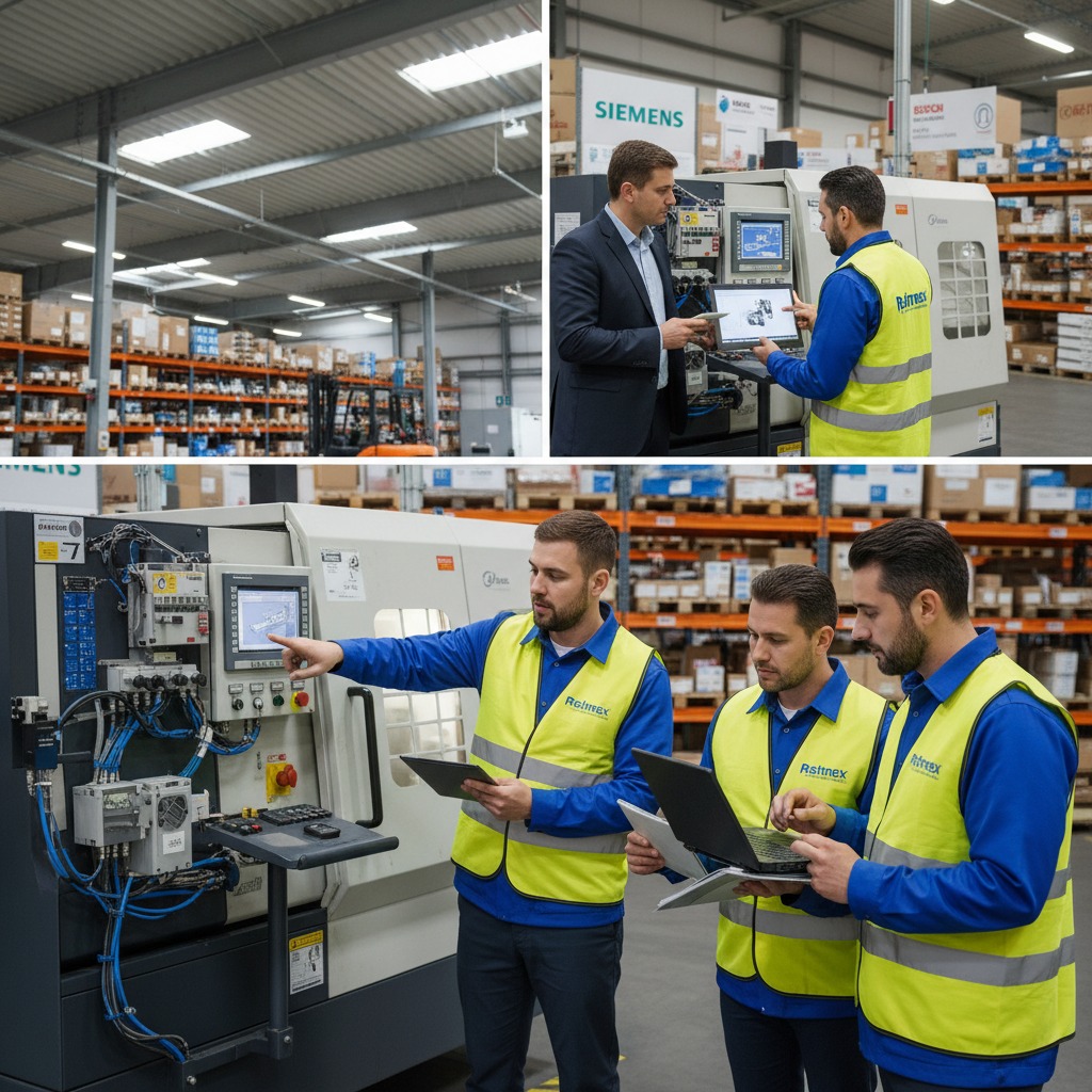 Dos técnicos con chalecos de seguridad y un hombre con traje analizan la pantalla de una máquina industrial en un almacén.