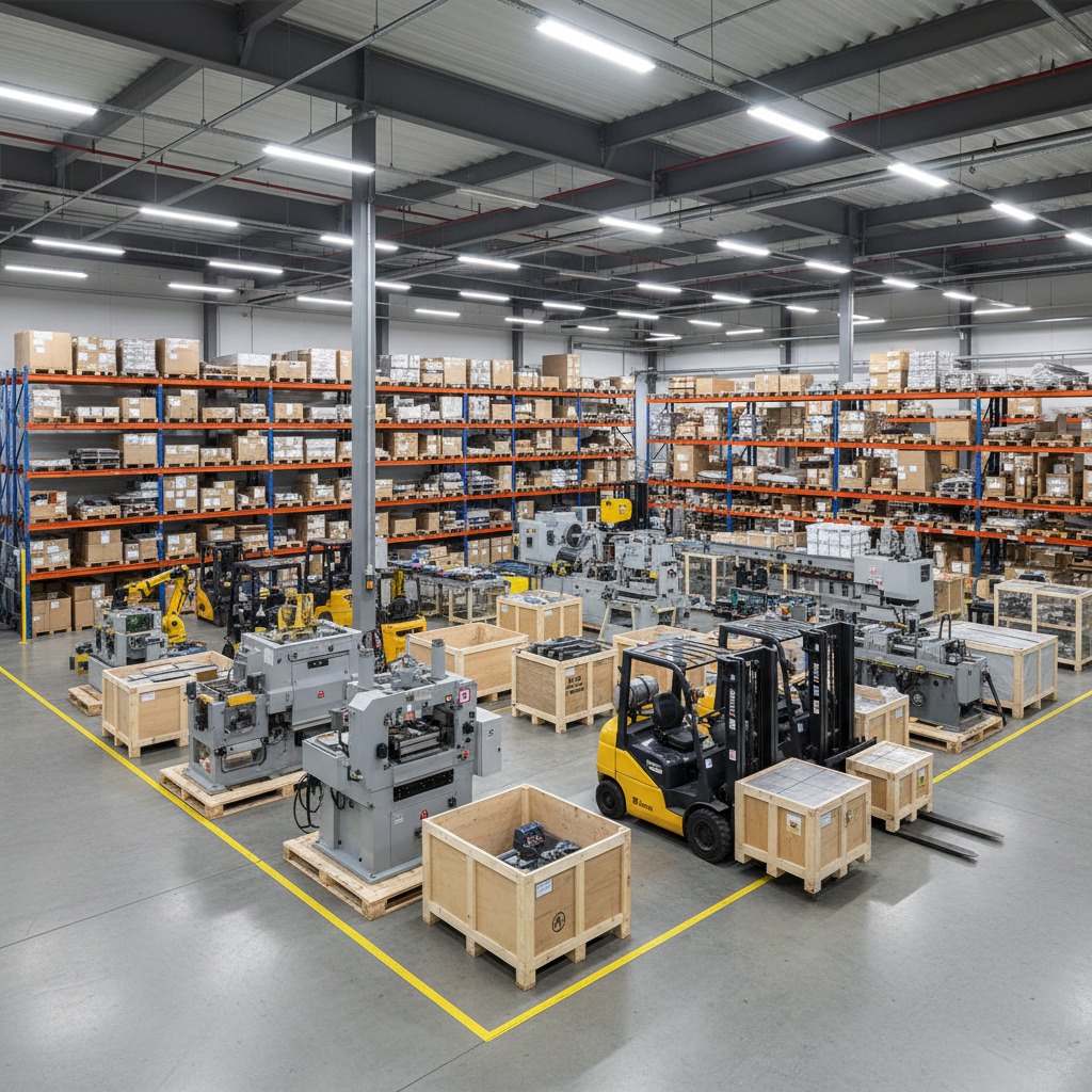 Vista general de un amplio almacén industrial con estanterías metálicas llenas de cajas y maquinaria pesada en el suelo.