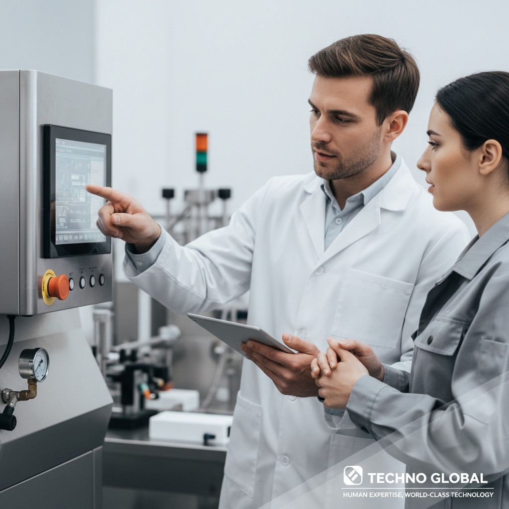 Dos operadores en una planta de manufactura revisan la pantalla táctil de una máquina industrial.